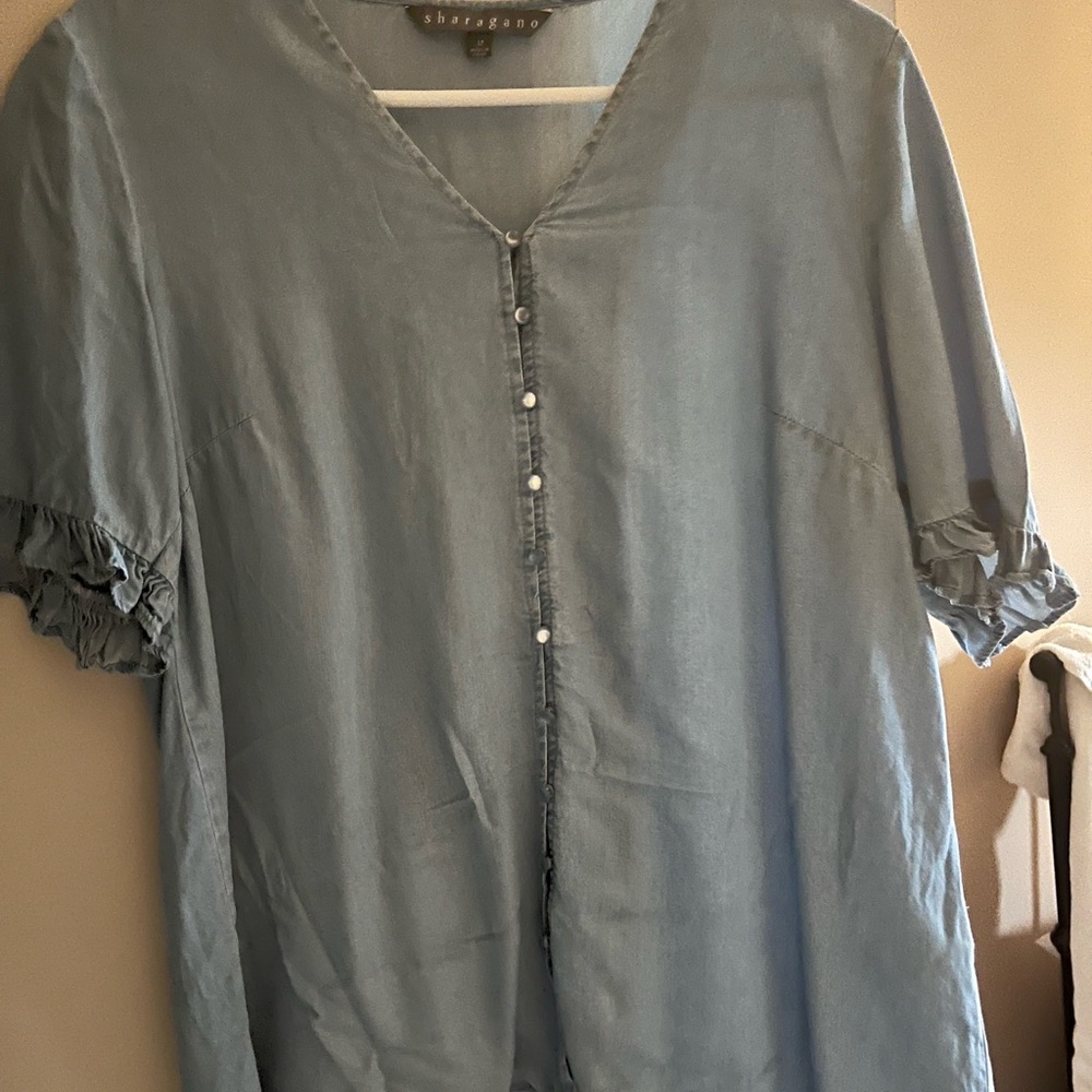 Blue Ruffled Puff Sleeve Blouse
